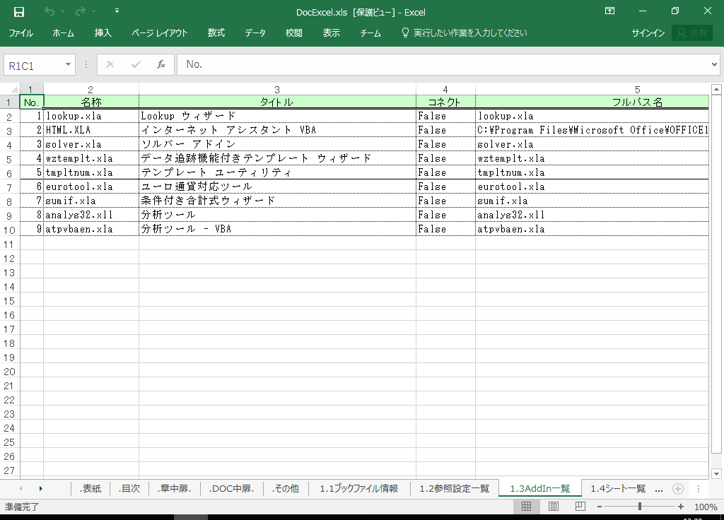 Excel2010 仕様書 作成 ツール【A HotDocument】(Excel2010対応 仕様書)
1.3 AddIn一覧